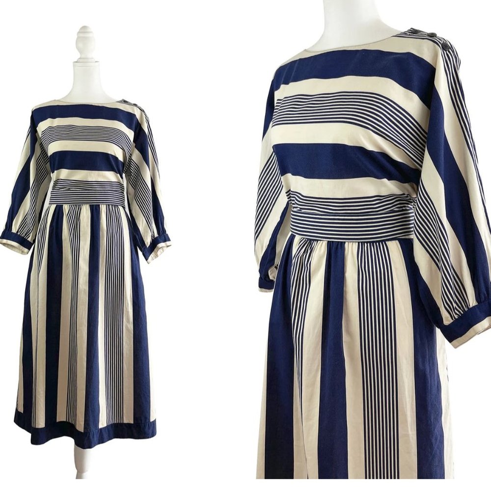 80s Lanz Originals Navy Blue Cream Striped Midi